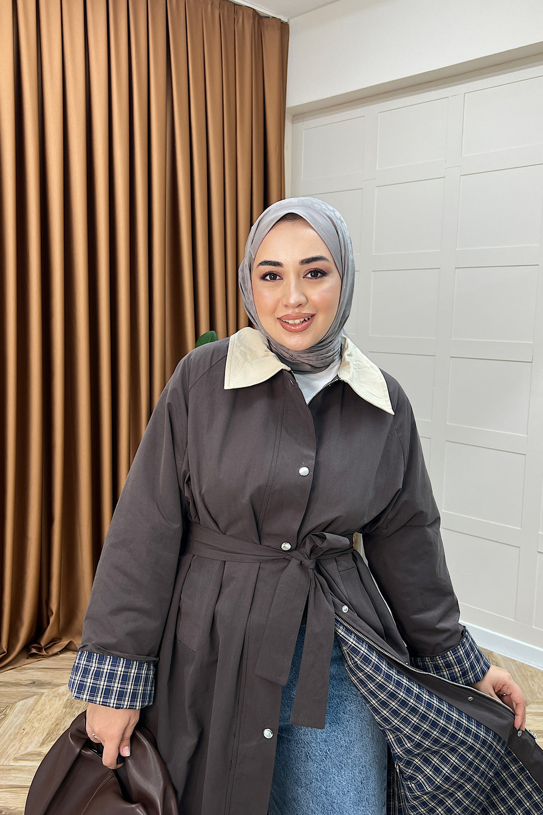 Dora Kuşaklı Uzun Trençkot Kahverengi 62613-KAHVERENGI