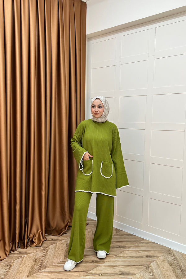 Cep Örgülü Triko Takım Yağ Yeşili 24200-YAGYESILI