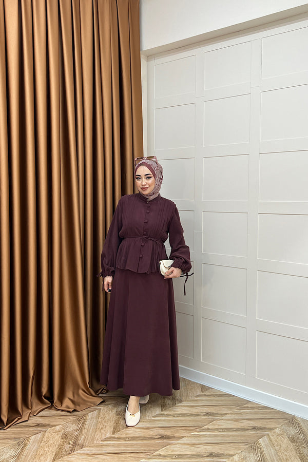 Arya Pileli Etek Takım Mürdüm 2654-MURDUM