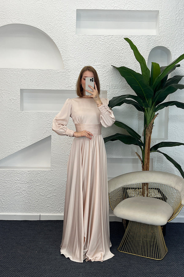 Beli Piliseli Saten Abiye Krem 04340-KREM