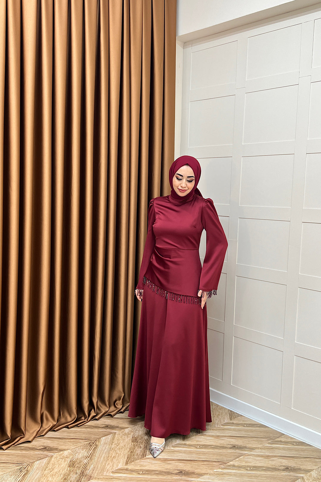 Ayla Saten Abiye Bordo 3093-BORDO