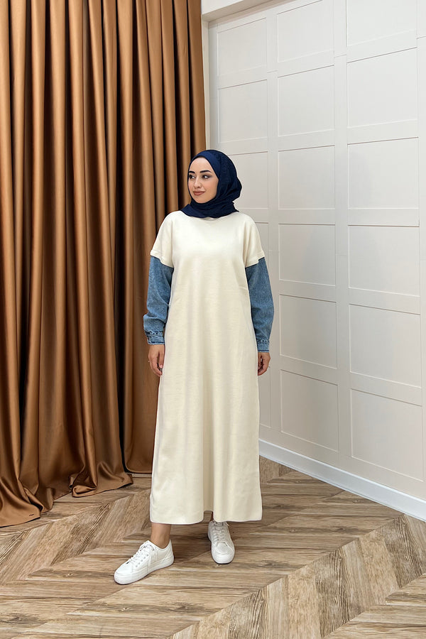 Kolları Kot Detay Triko Elbise Ekru 241200-EKRU