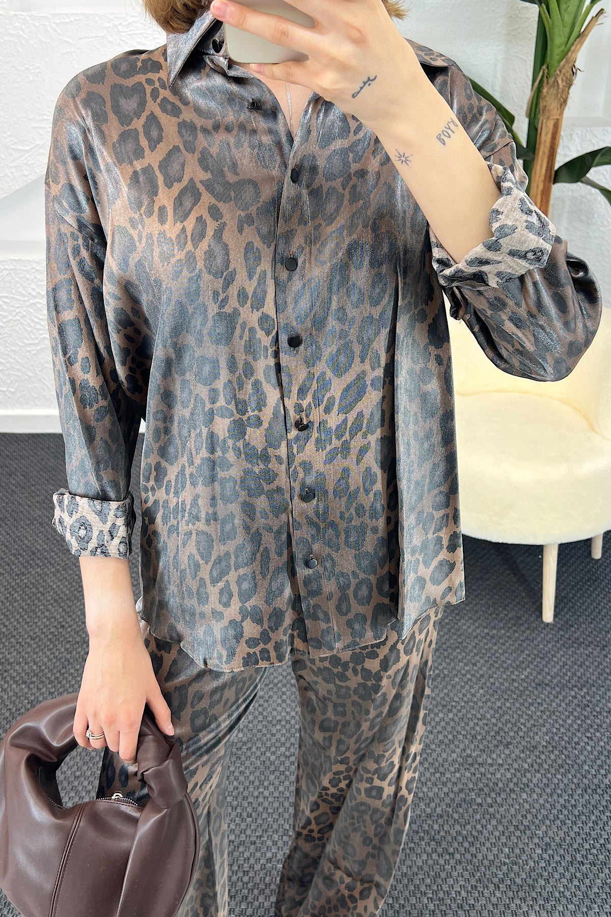 Leopar Desen İkili Takım Kahverengi 8516-KAHVERENGI