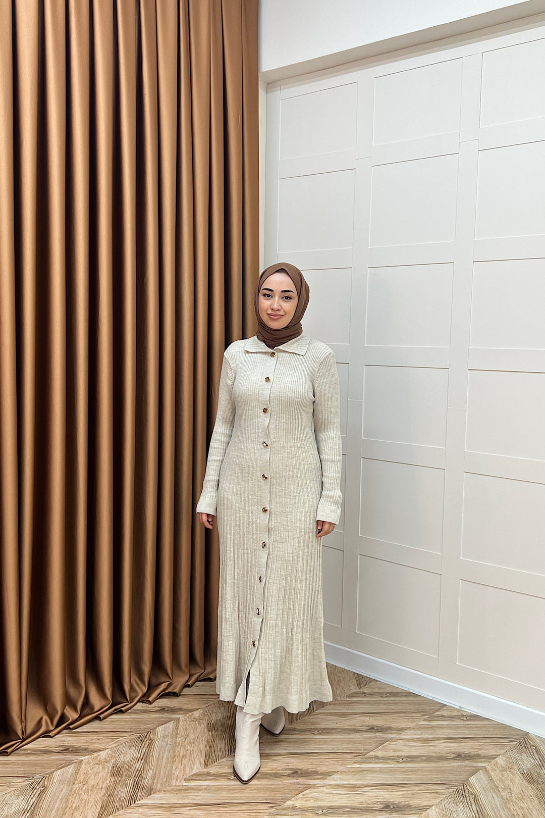 Endam Düğmeli Triko Elbise Taş 10201-TAS