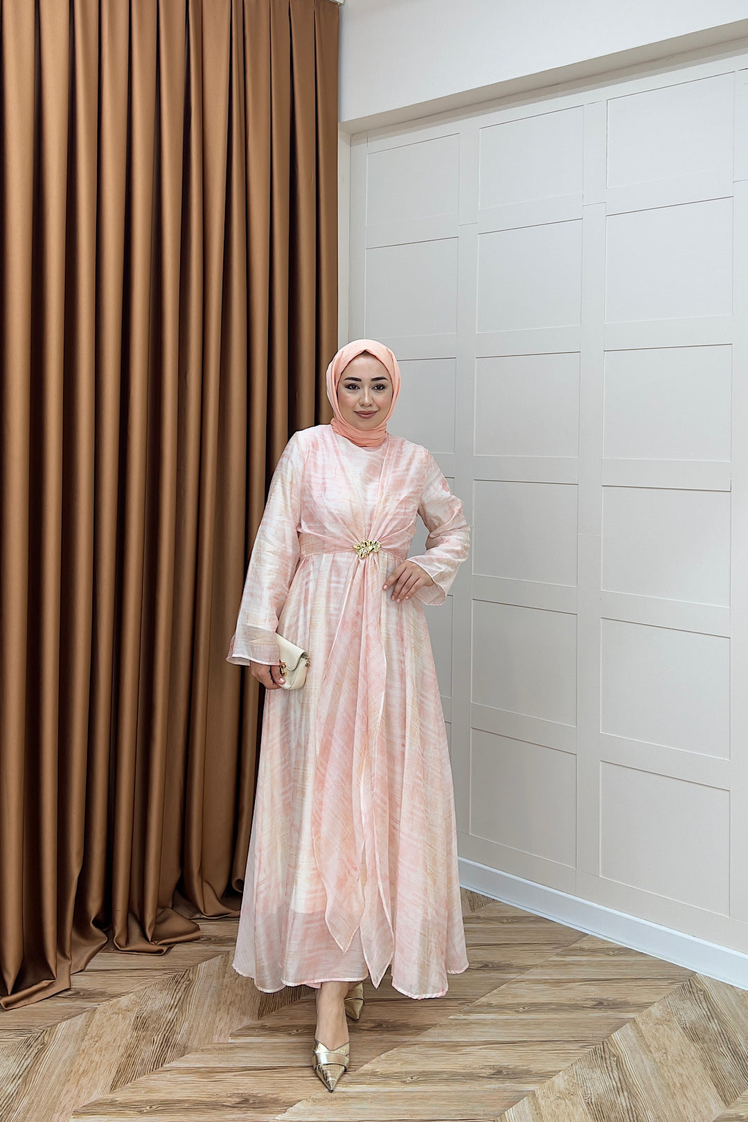 Liana Broş Detay Elbise Pembe 3104-PEMBE
