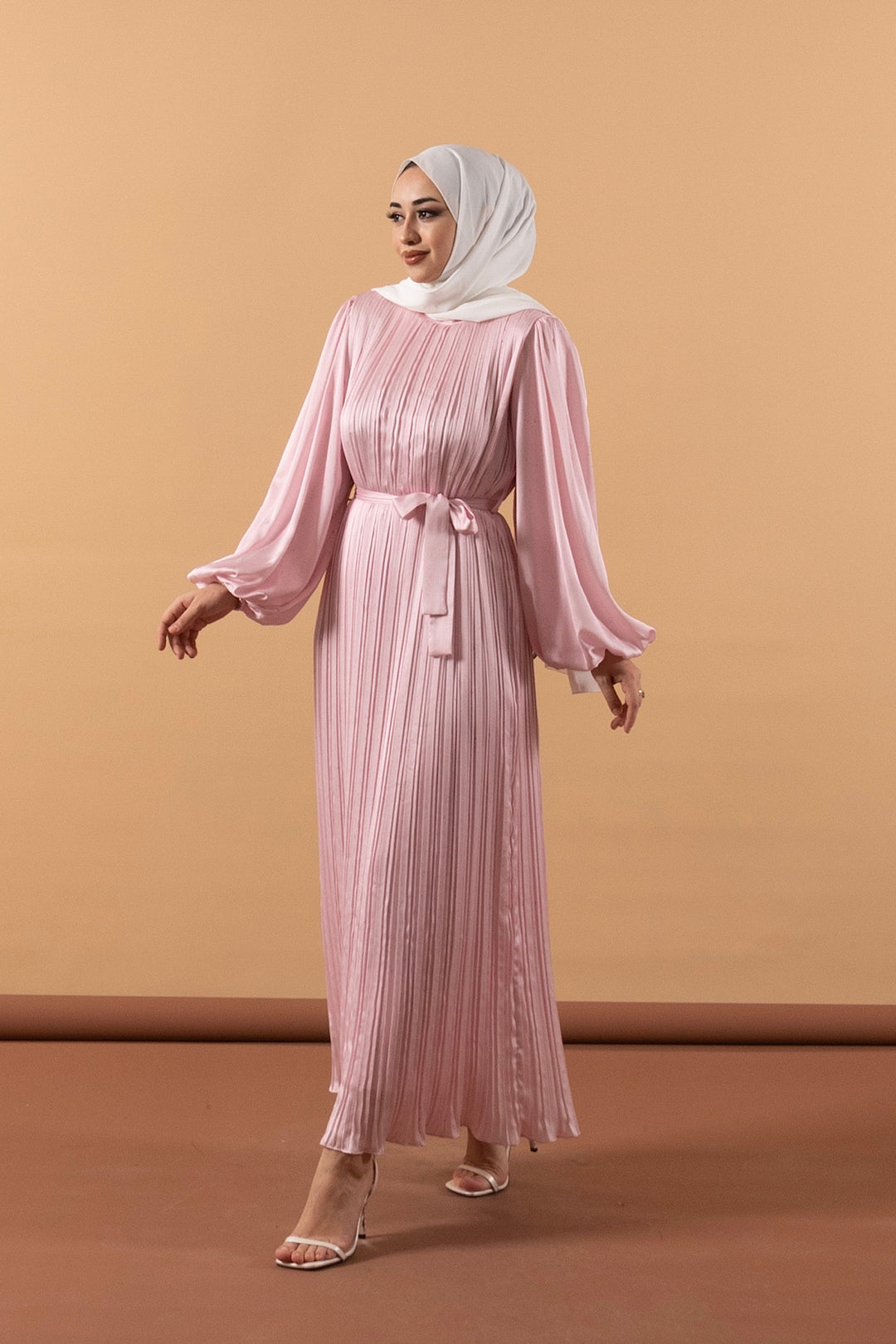 Pileli Saten Elbise Pembe 3003-PEMBE