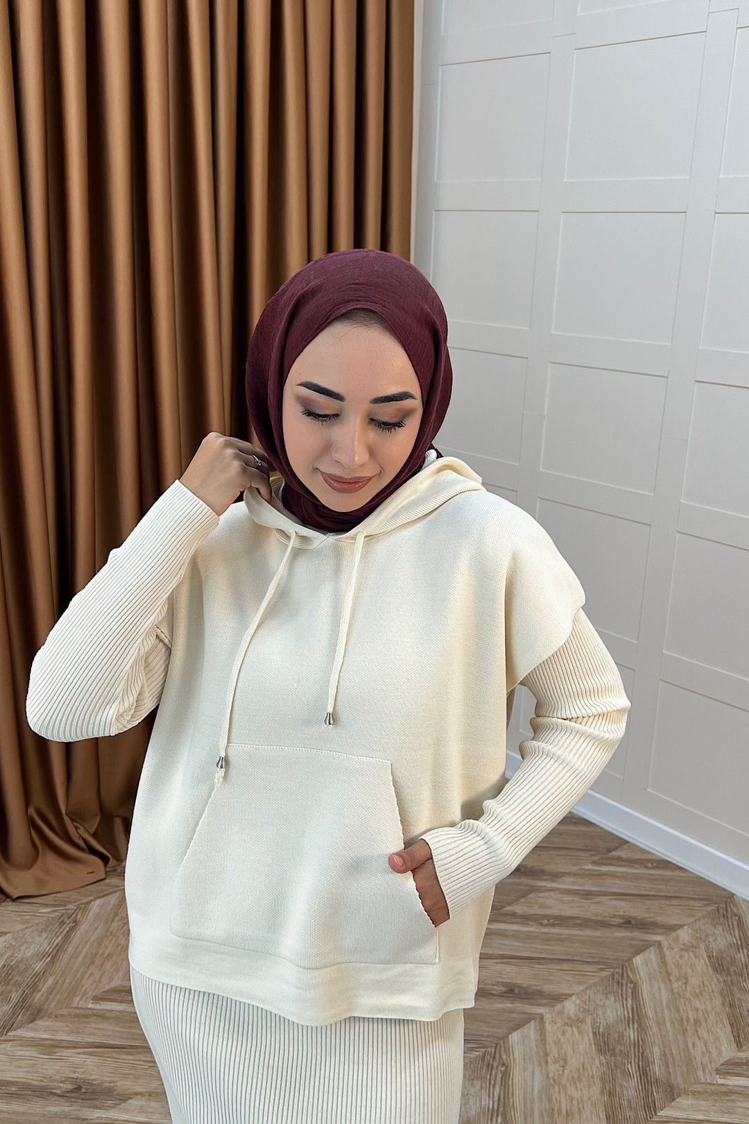 Üst Kapüşonlu İkili Triko Elbise Krem 25290-KREM