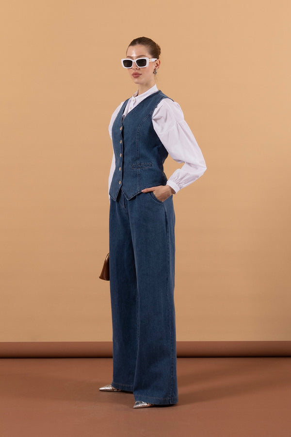 İkili Denim Yelek Takım Mavi 6190-MAVI
