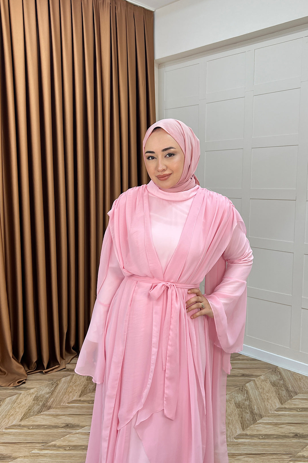 Aliza Büzgülü Şifon Elbise Pembe 2002-PEMBE