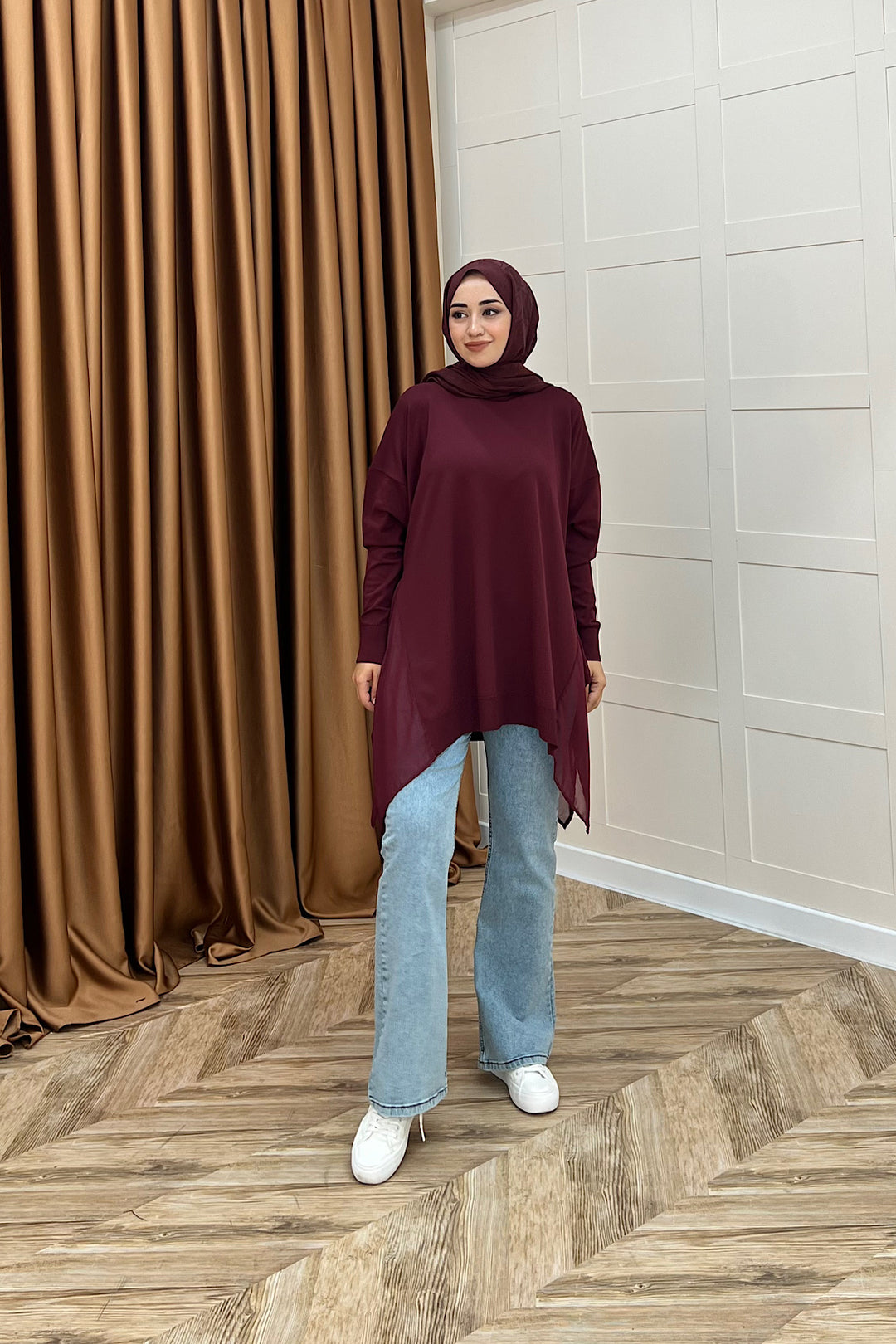 Hüda Şifon Detaylı Triko Tunik Bordo 24290-BORDO