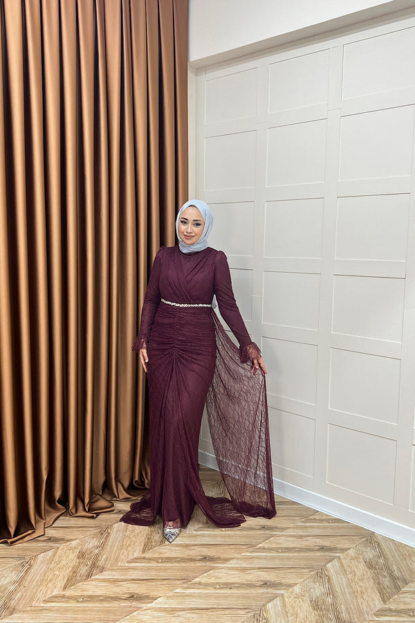 Sofia Taş Detay Dantel Abiye Bordo 3108-BORDO
