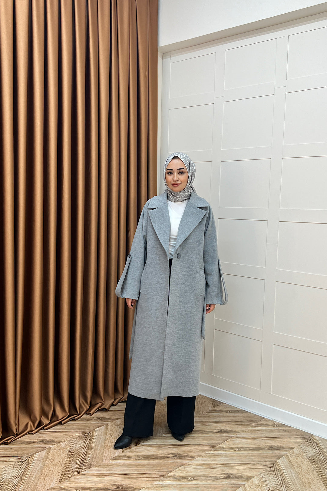 Kol Detay Kaşe Kaban Gri 5522-GRI