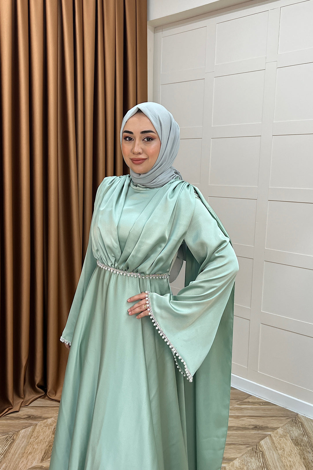 Elite İnci Detay Abiye Mint Mavisi 3098-MINTMAVISI