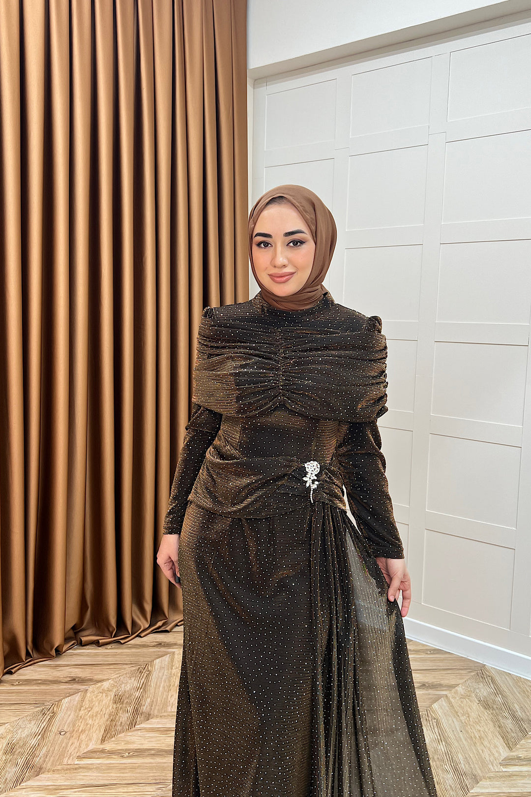 Helena Çiçek Taşlı Abiye Kahverengi 3097-KAHVERENGI