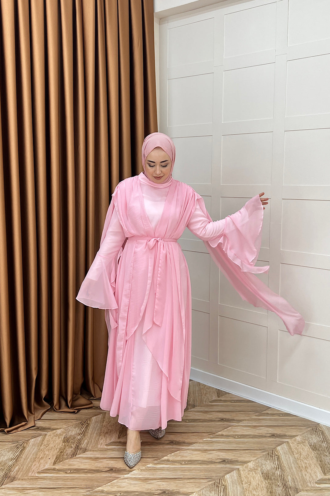 Aliza Büzgülü Şifon Elbise Pembe 2002-PEMBE