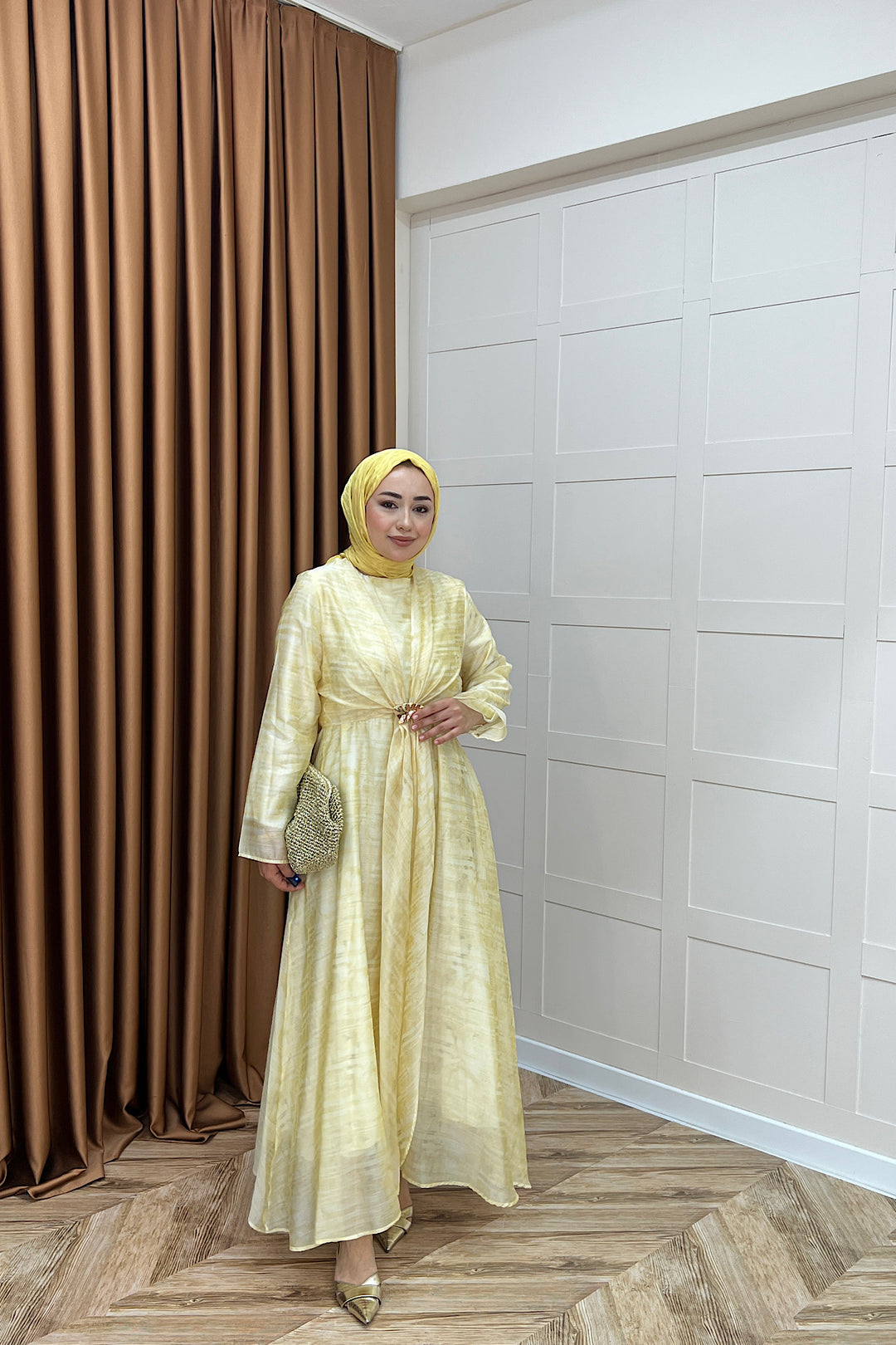 Liana Broş Detay Elbise Sarı 3104-SARI