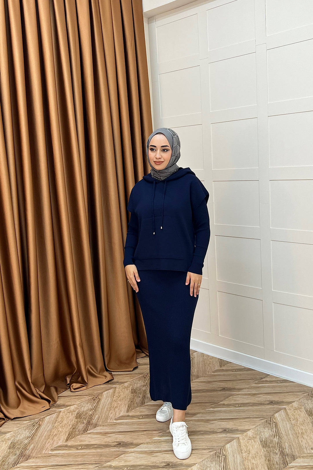 Üst Kapüşonlu İkili Triko Elbise Lacivert 25290-LACIVERT