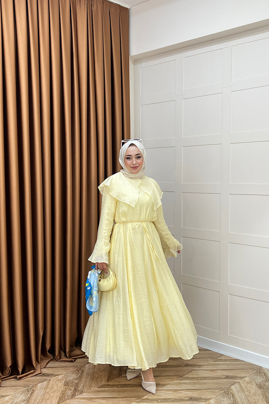 Zeny Yaka Detay Elbise Sarı 4459-SARI