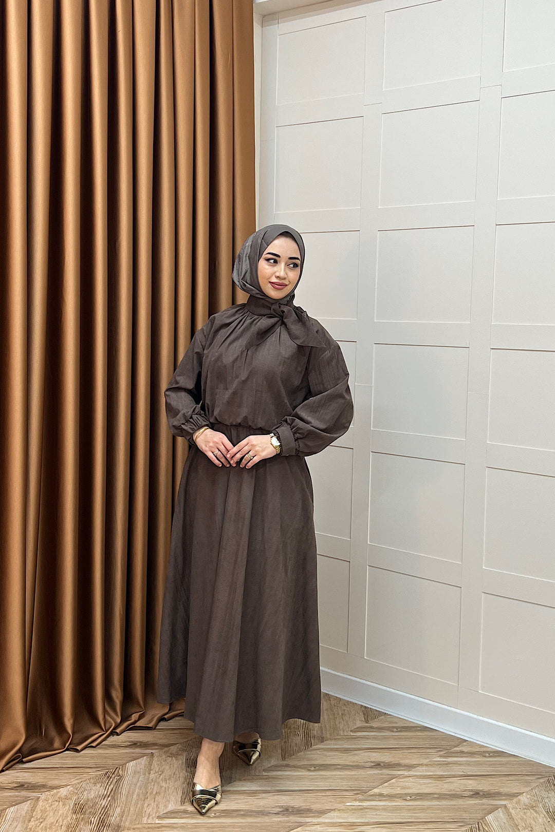 Luna Yaka Fularlı Etek Takım Kahverengi 3183-KAHVERENGI