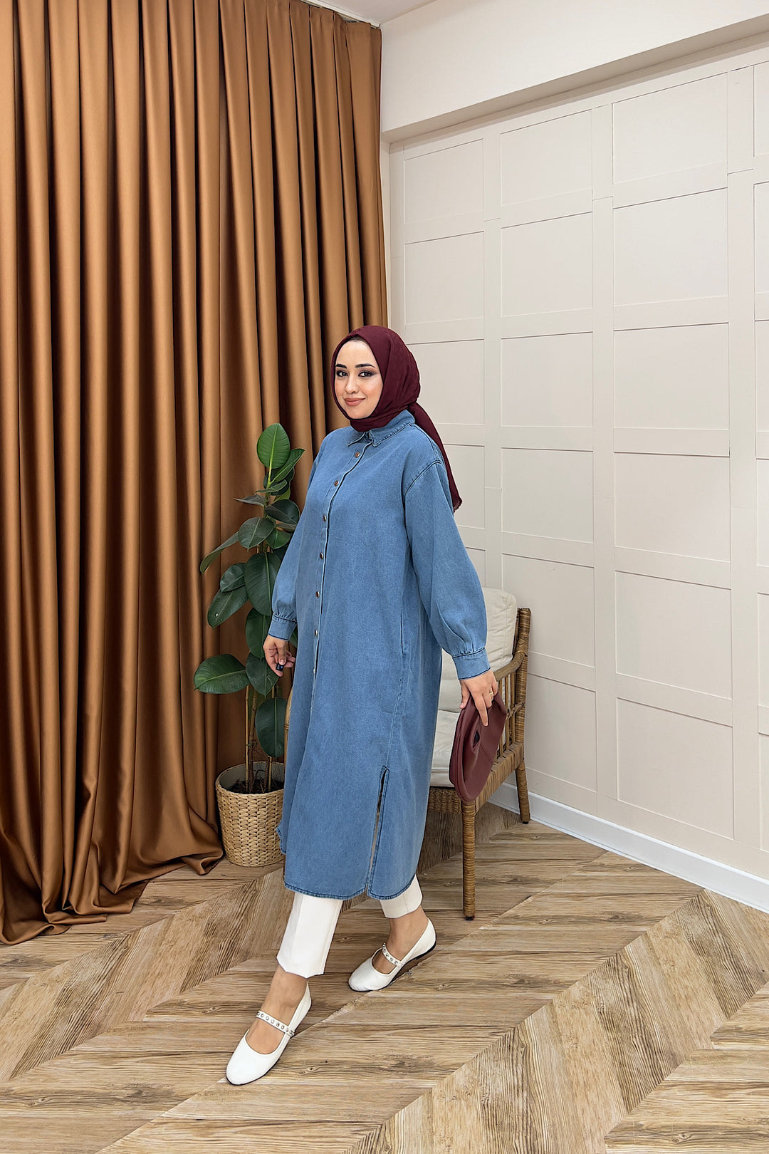 Eleni Uzun Kot Tunik Mavi 9058-MAVI