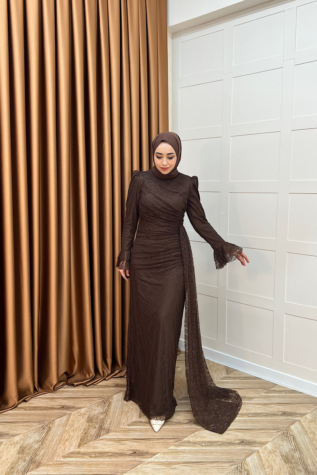 Serena Dantel Balık Abiye Kahverengi 3082-KAHVERENGI