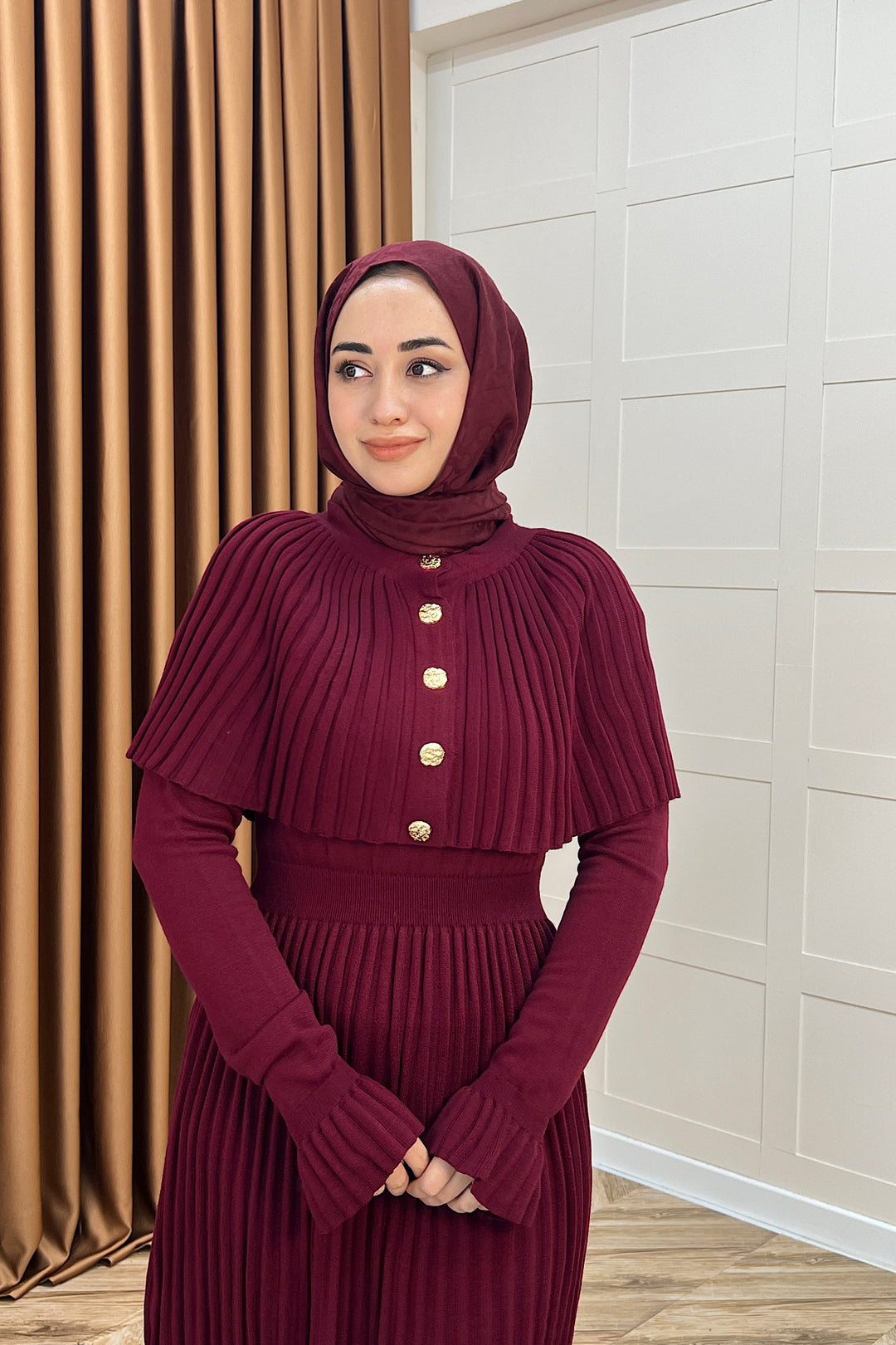 Kelebek Pelerinli Triko Elbise Bordo 10200-BORDO