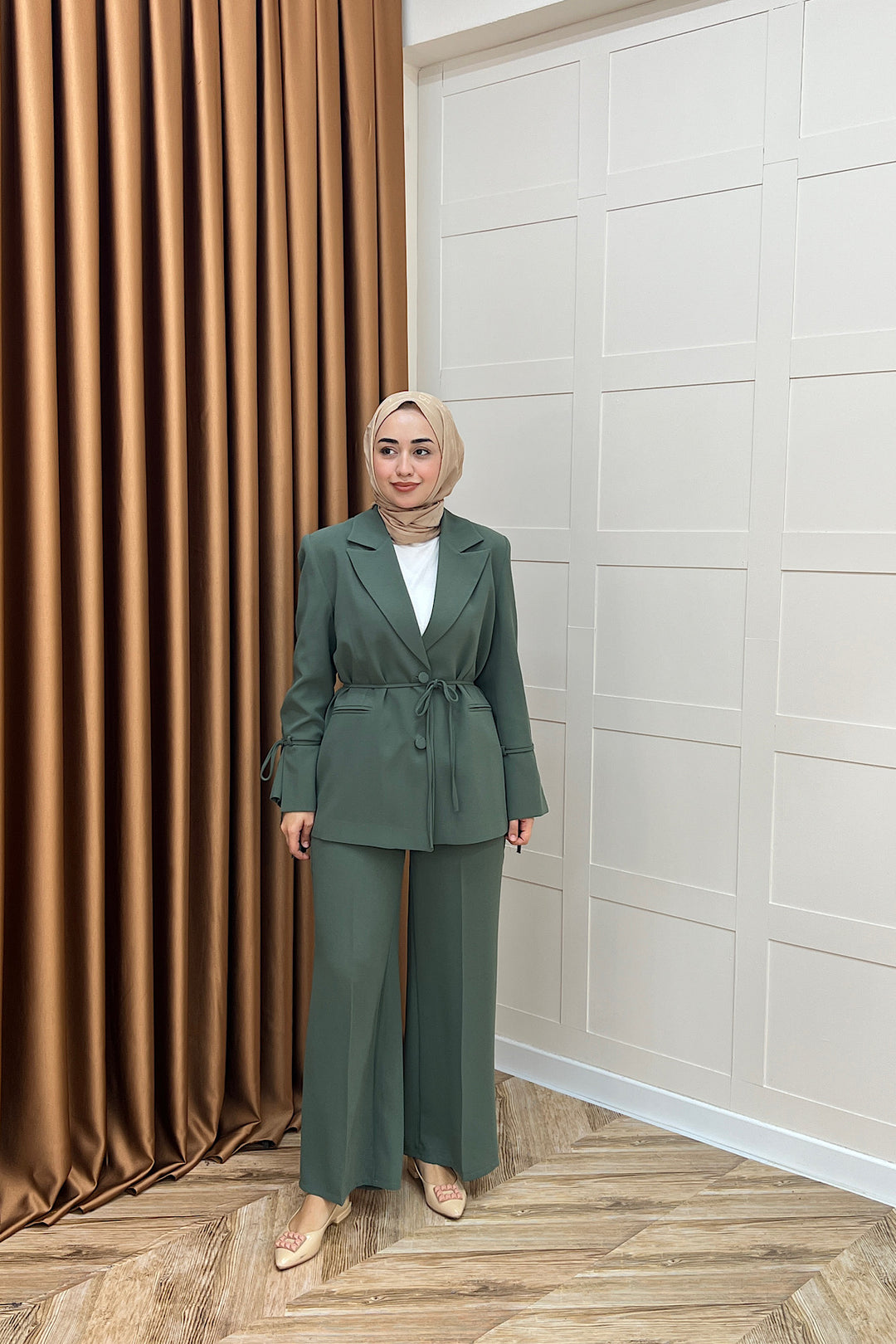 Kuşak Detay Ceket Takım Yeşil 5004-YESIL