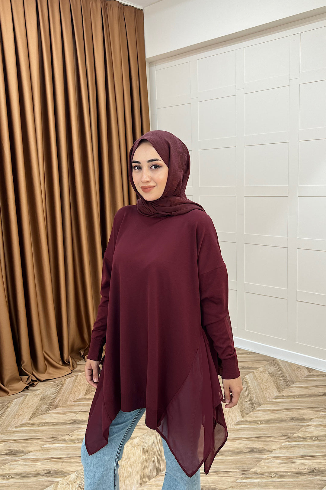 Hüda Şifon Detaylı Triko Tunik Bordo 24290-BORDO