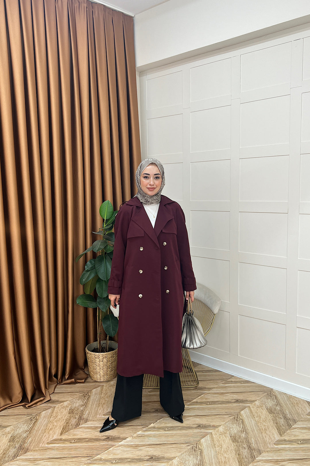 Hazel Astarlı Trençkot Bordo 5532-BORDO