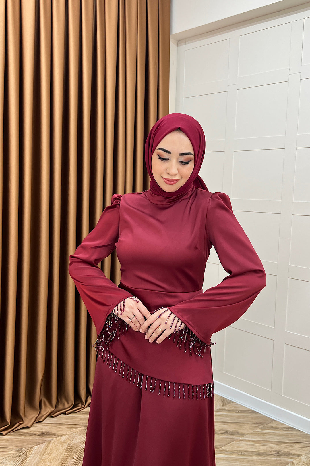 Ayla Saten Abiye Bordo 3093-BORDO