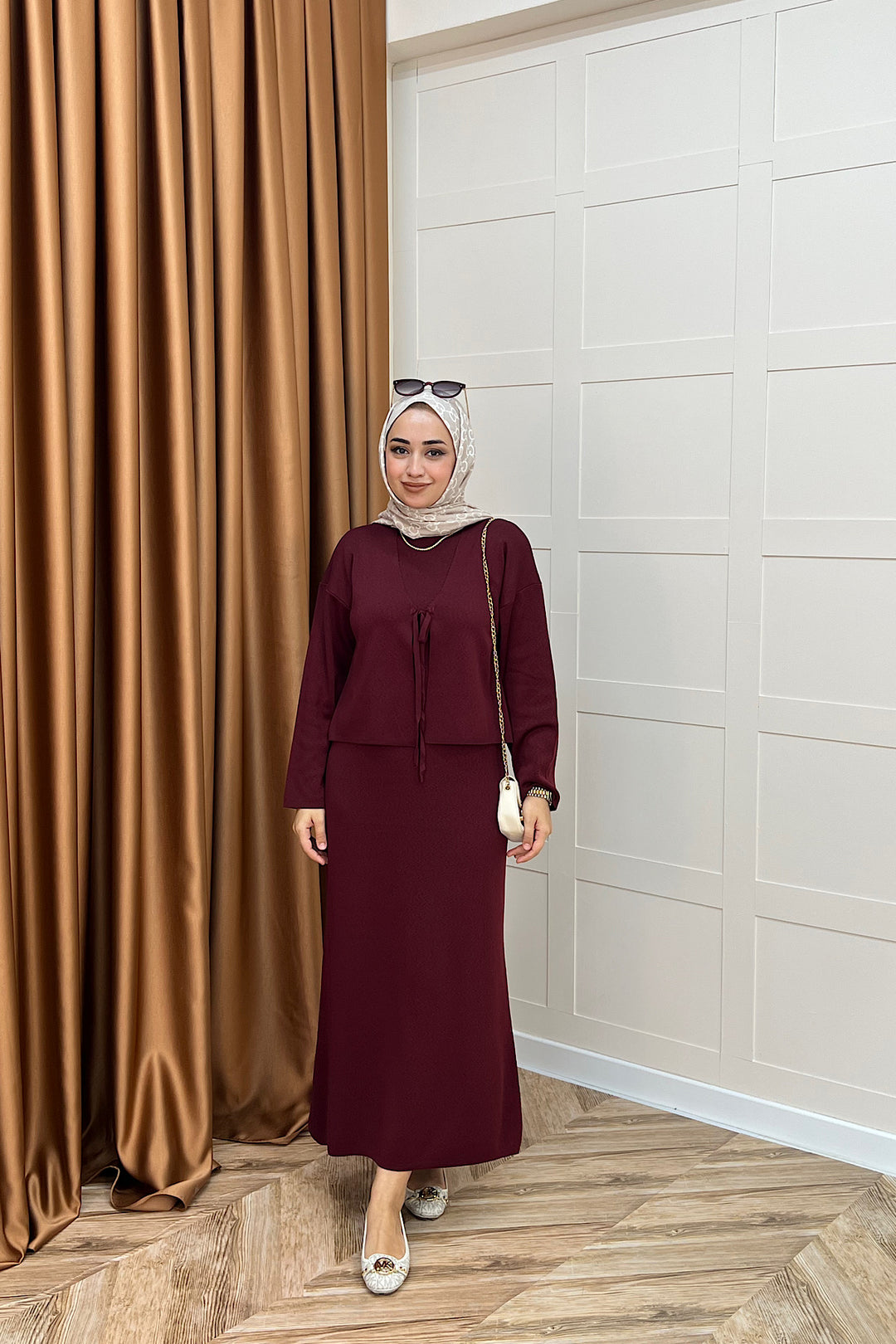 Ester Croplu İkili Triko Elbise Bordo 25160-BORDO