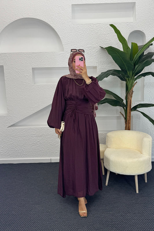 Belden Bağlamalı Elbise Mürdüm 3372-MURDUM