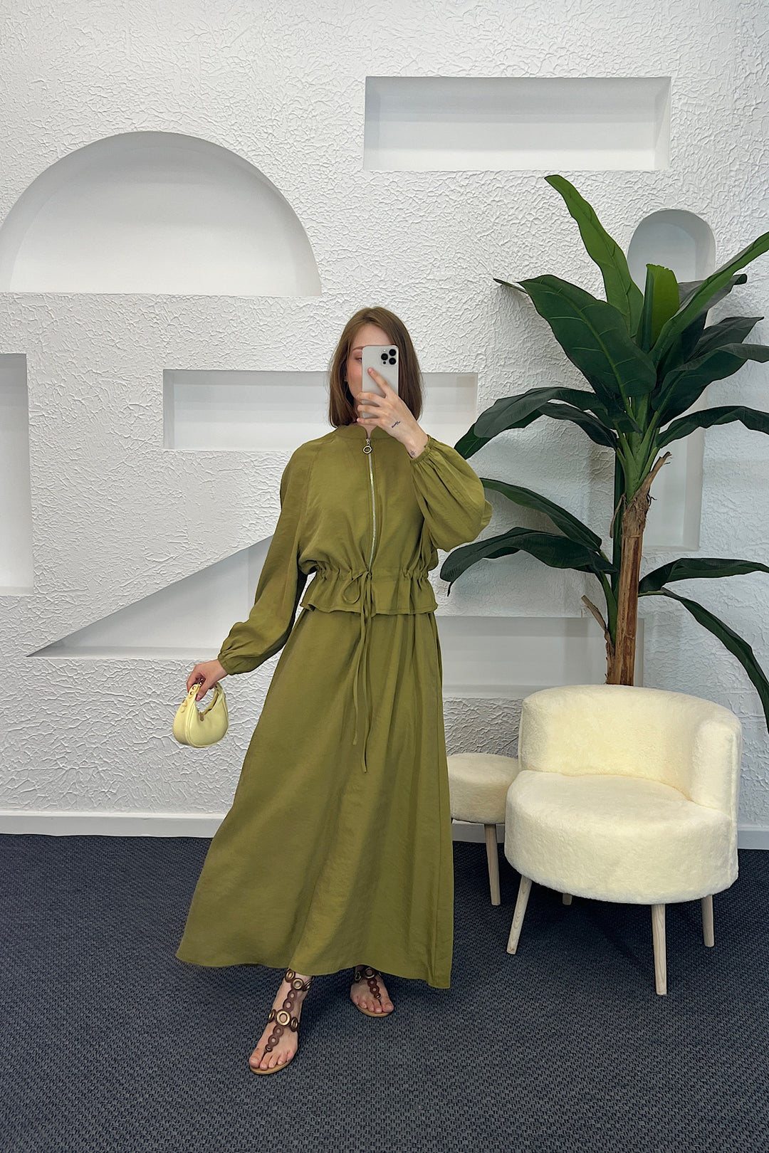 Belden Büzgülü Fermuar Detay Elbise Yağ Yeşili 2889-YAGYESILI