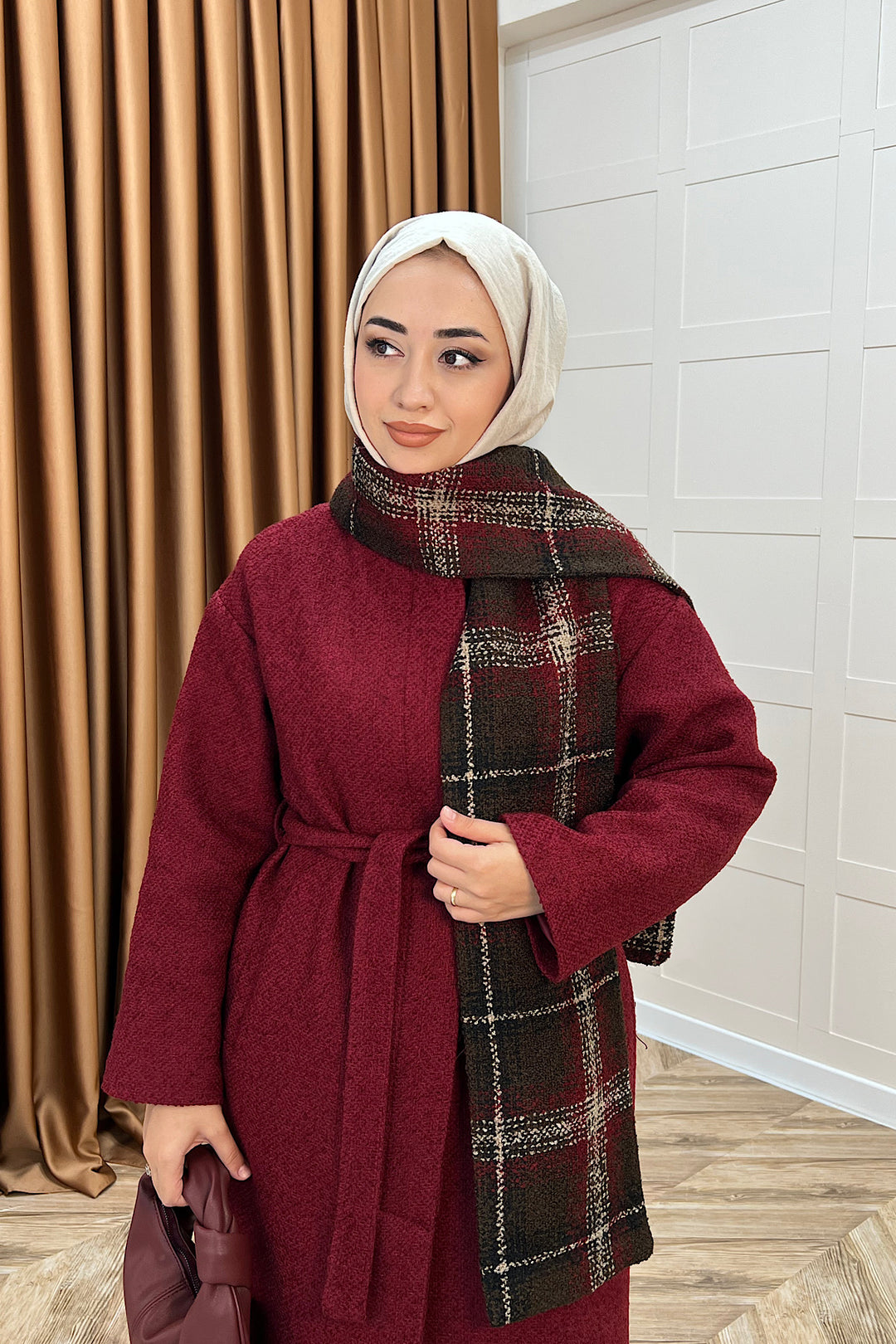 Duru Premium Kumaş Atkı Detay Kaban Bordo 5517-BORDO