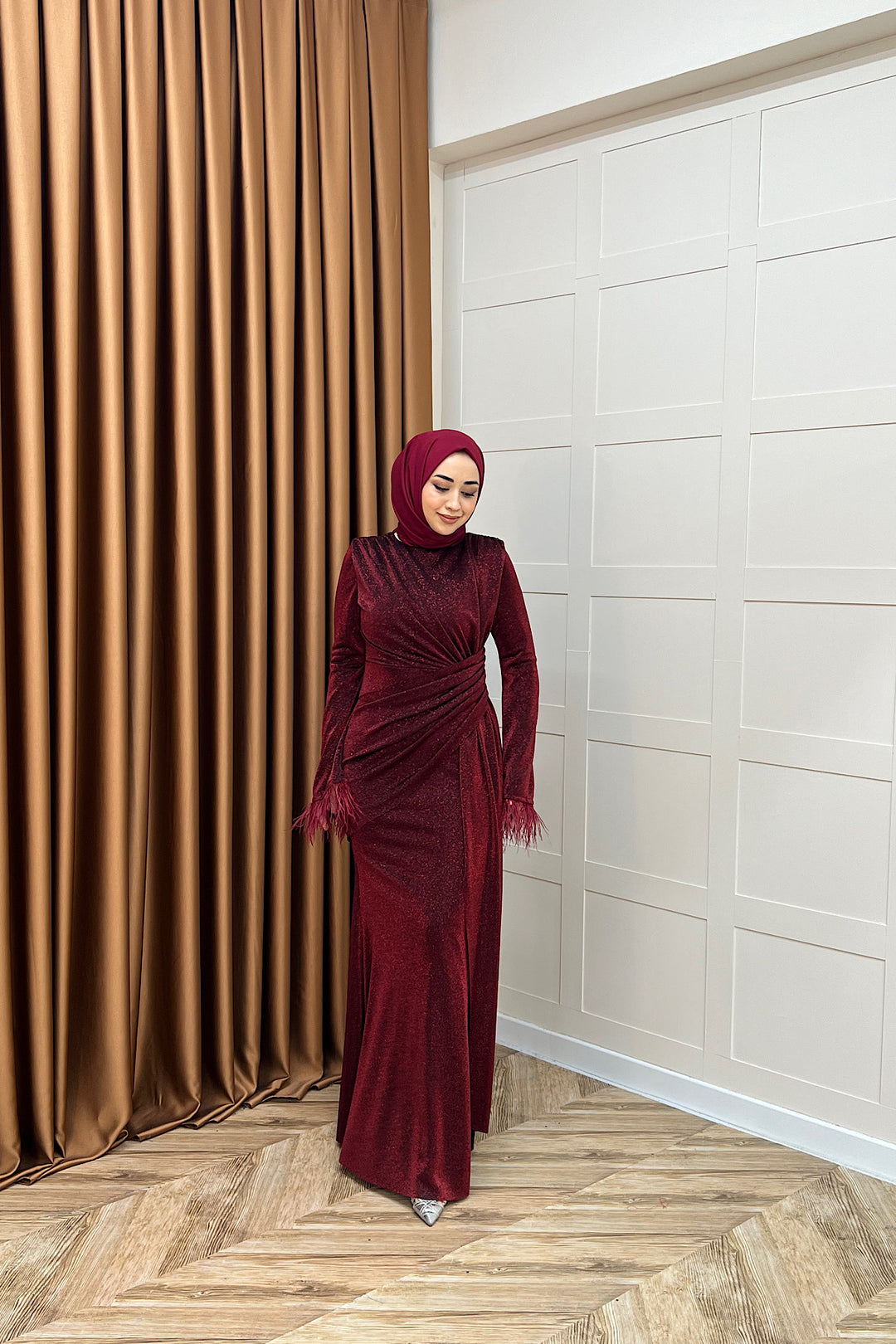 Rosalin Tüy Detay Abiye Bordo 3088-BORDO