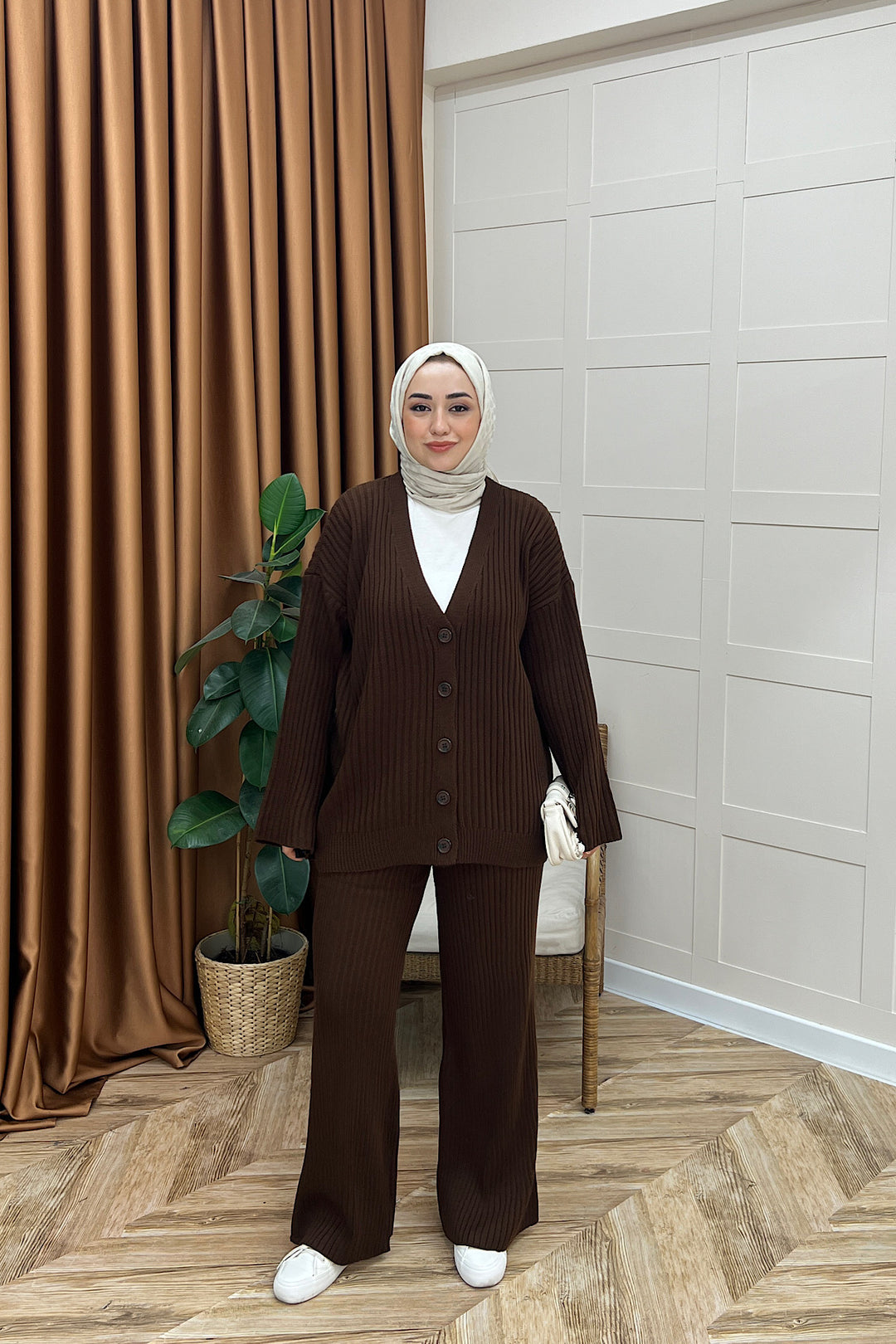 Galata Fitilli Triko Hırka Takım Kahverengi 25630-KAHVERENGI