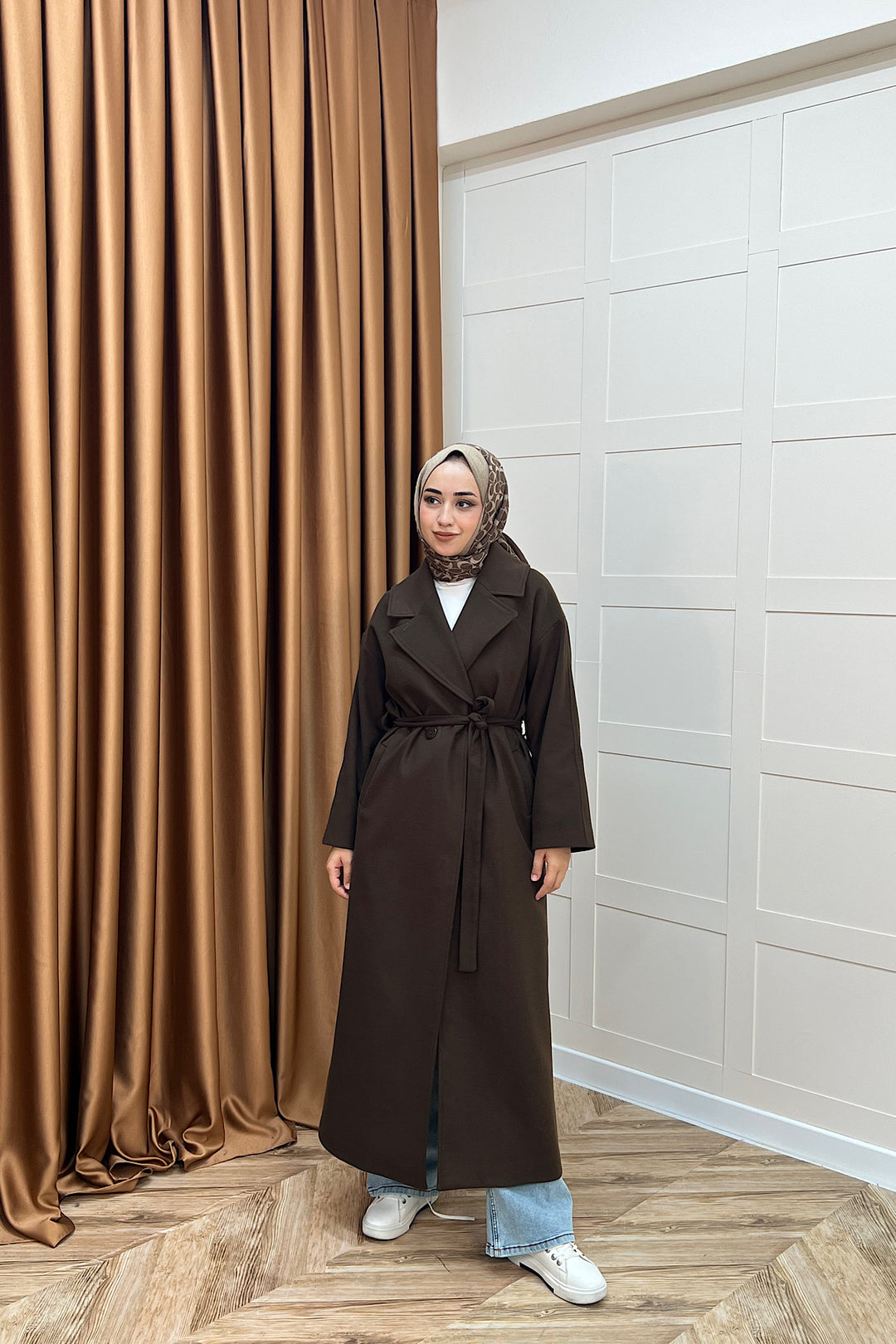 Retro Premium Kumaş Uzun Kaşe Kaban Kahverengi 5509-KAHVERENGI