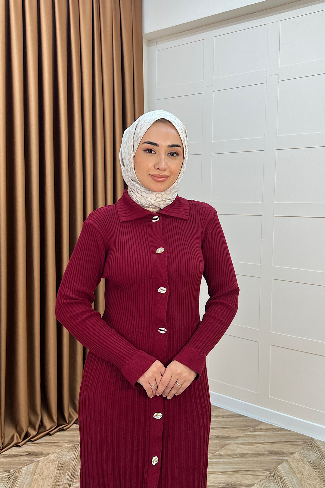 Endam Düğmeli Triko Elbise Bordo 10201-BORDO