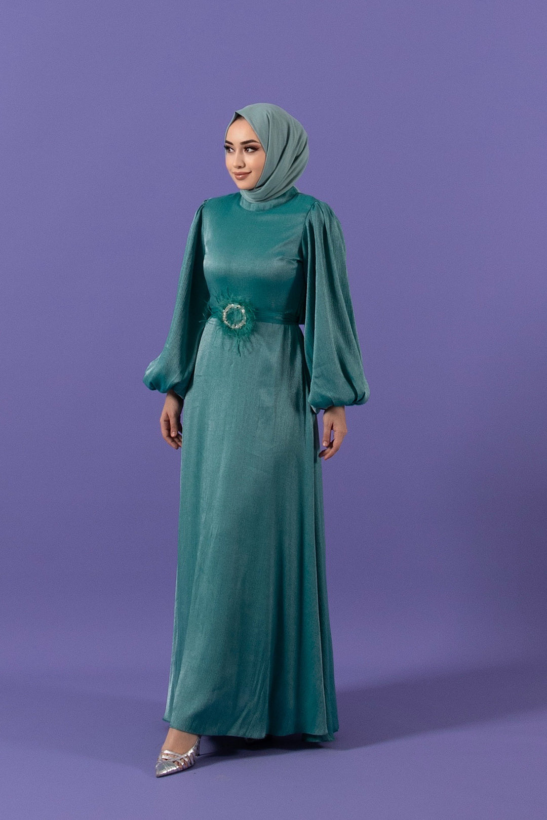 Taş Tüy Detay Janjan Elbise Mint 3007-MINT