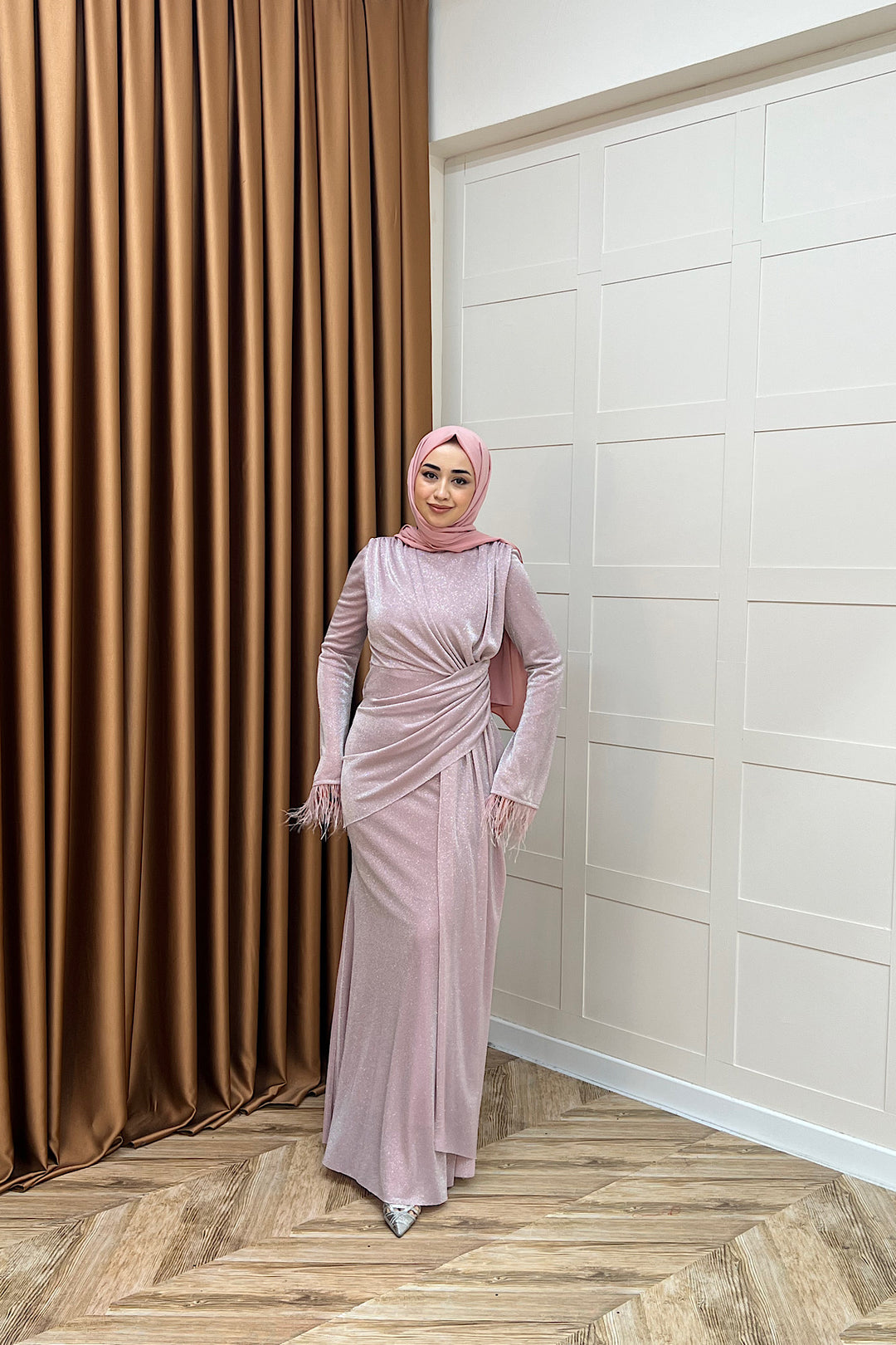 Rosalin Tüy Detay Abiye Pudra 3088-PUDRA