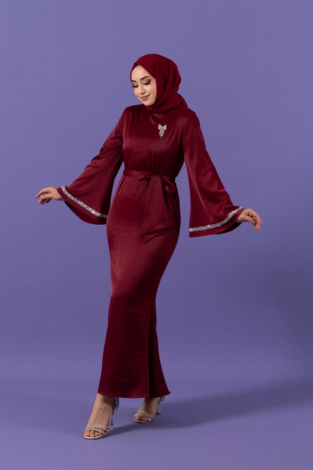 Kolları Taş Detay Saten Abiye Bordo 3011-BORDO