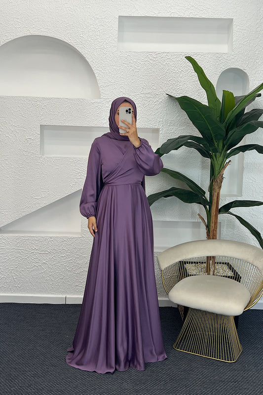 Önü Çarpraz Saten Abiye Lila 4529-LILA