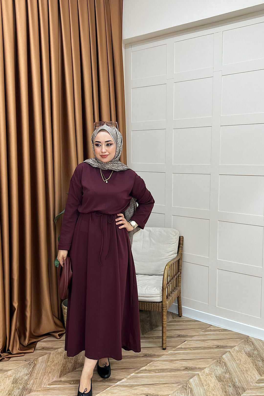Aura Kuşaklı Elbise Bordo 3138-BORDO