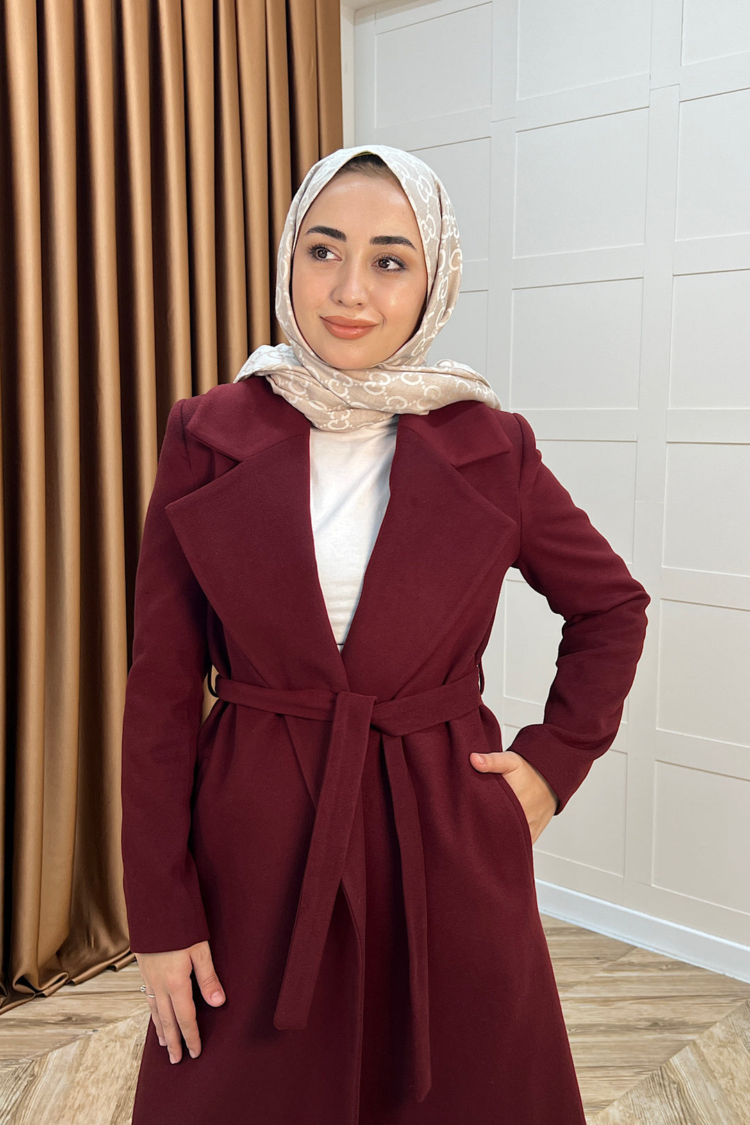 Premium Kuşaklı Kaşe Kaban Bordo 5510-BORDO