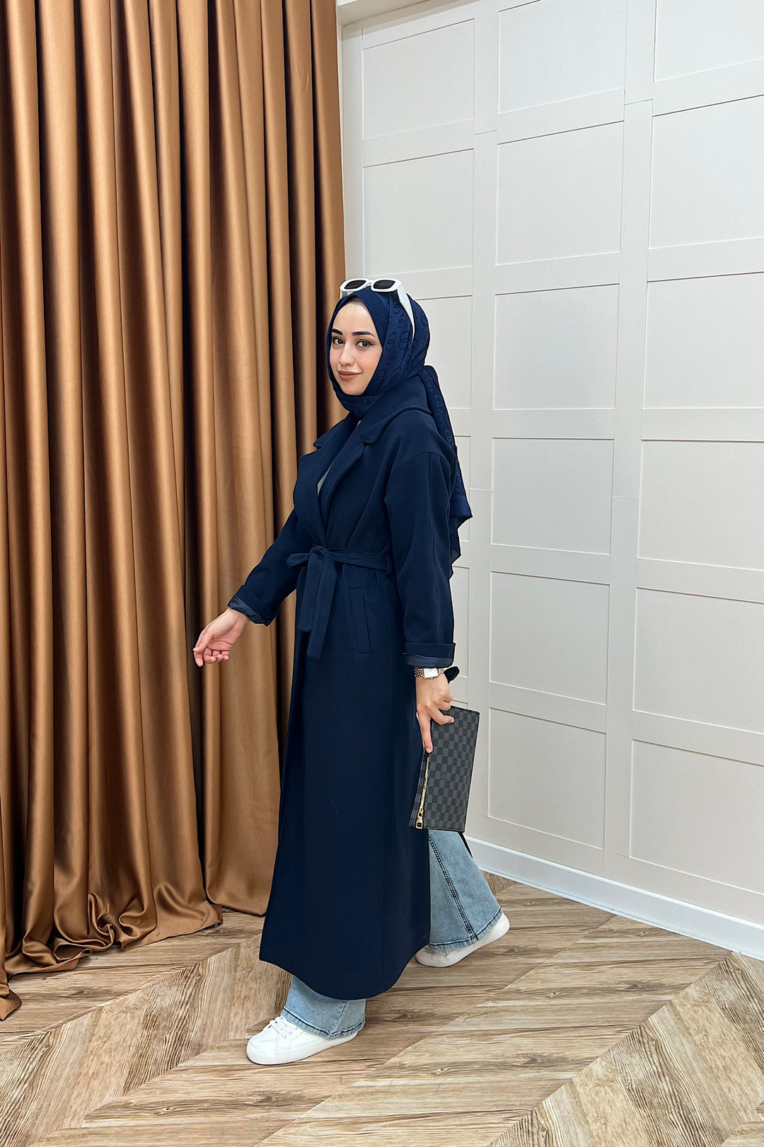 Retro Premium Kumaş Uzun Kaşe Kaban Lacivert 5509-LACIVERT