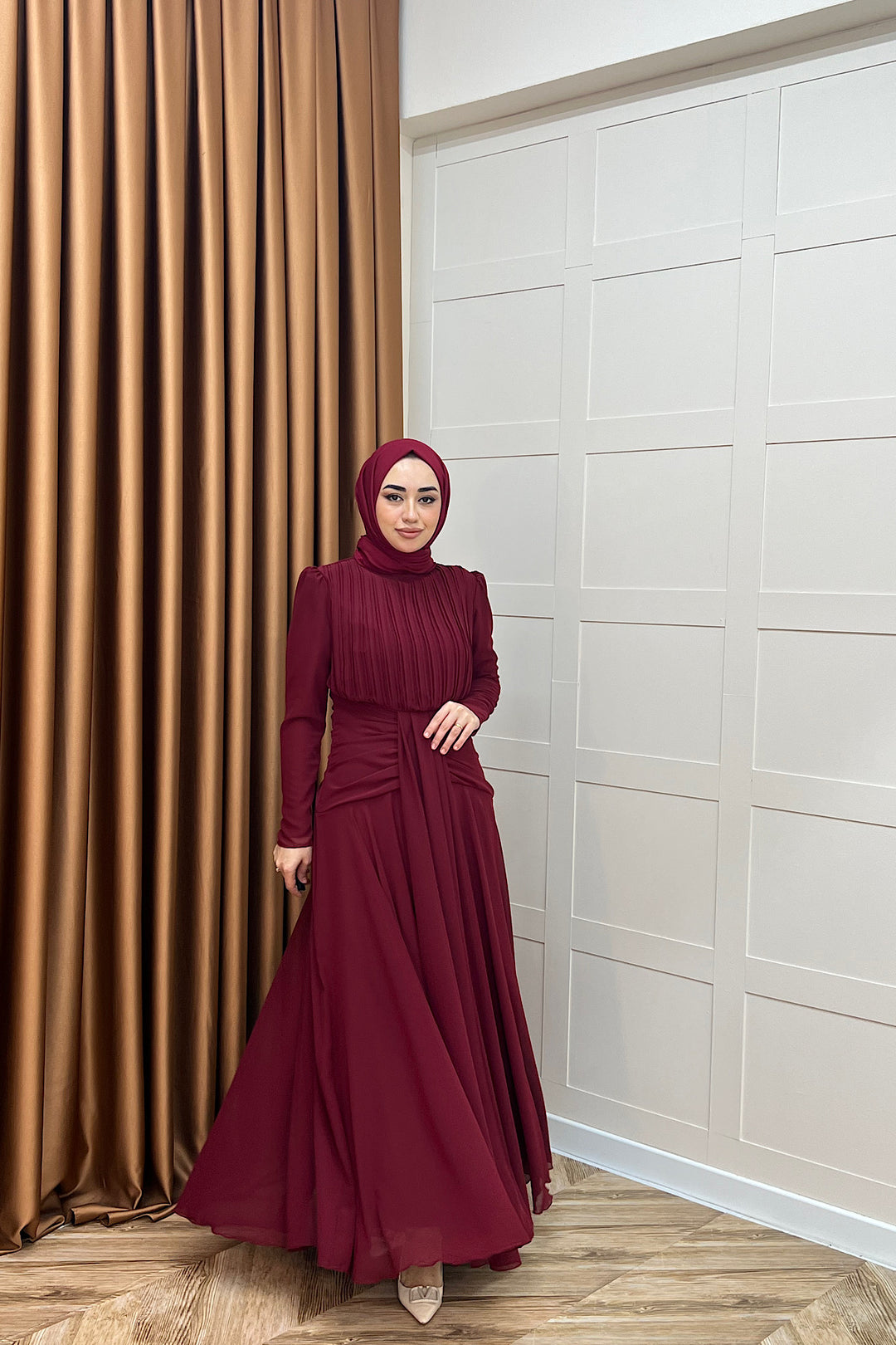Elanor Bel Detay Şifon Abiye Bordo 3092-BORDO