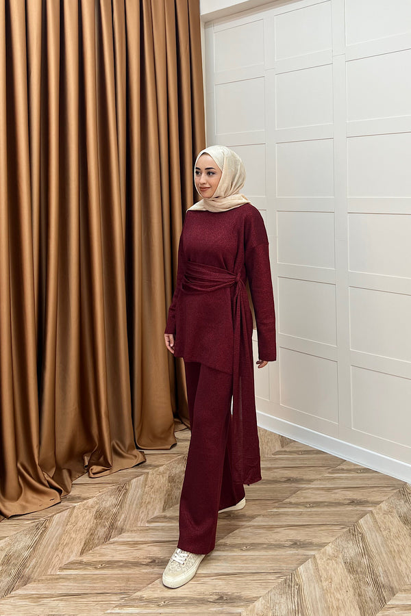 Yakamoz  Şal Detay Simli Triko Takım Bordo 25280-BORDO