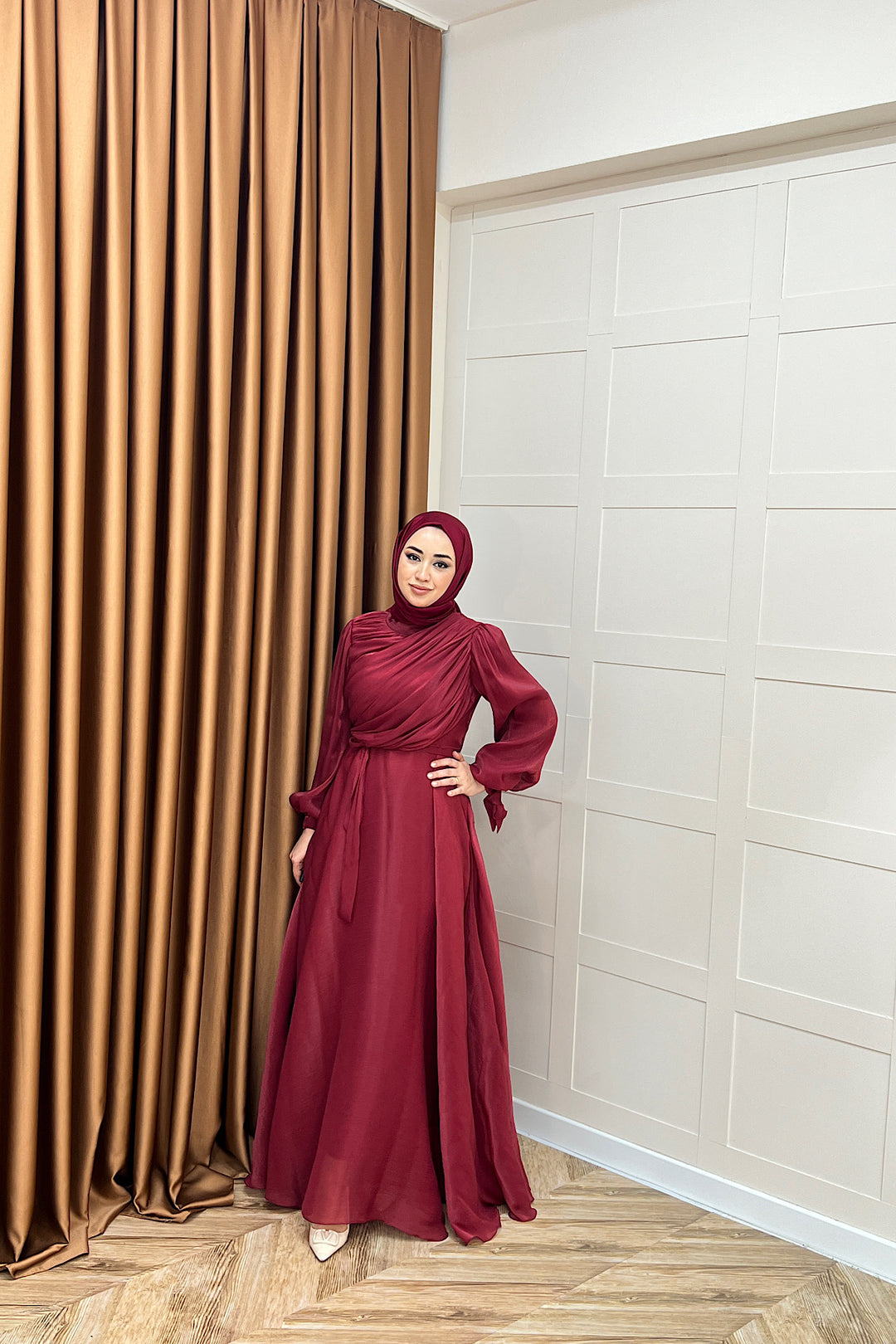 Göğüs Drapeli Abiye Bordo 3023-BORDO