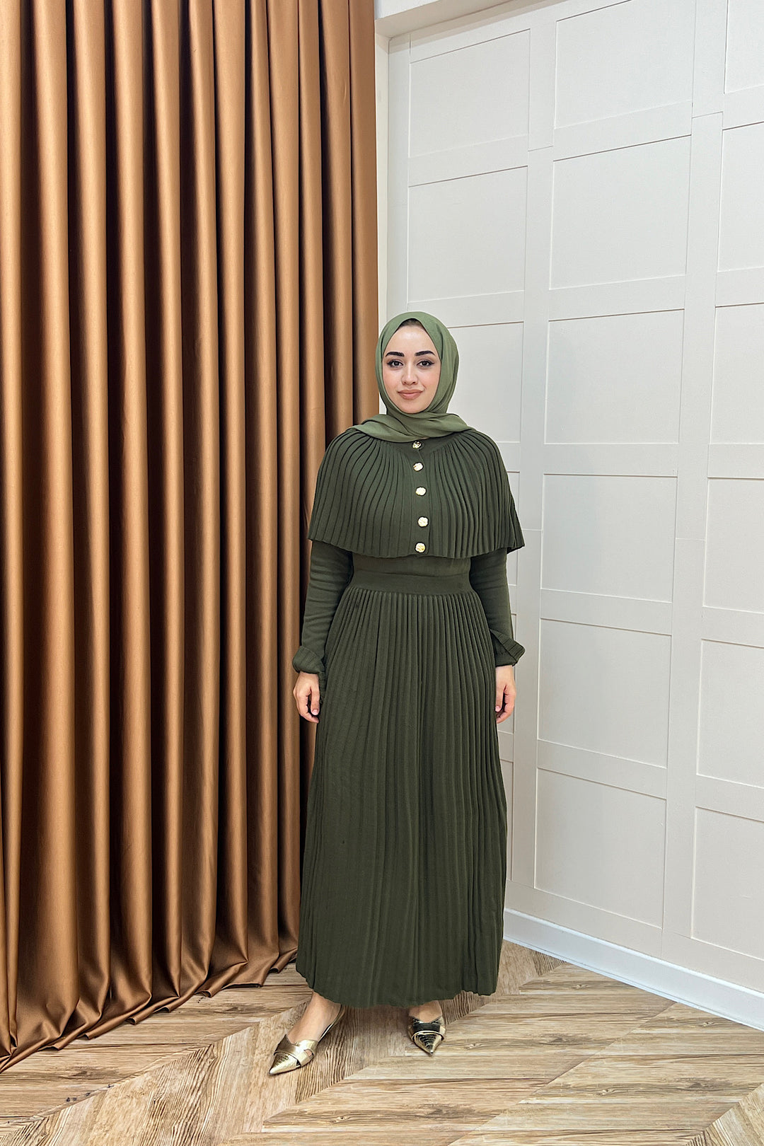 Kelebek Pelerinli Triko Elbise Haki 10200-HAKI