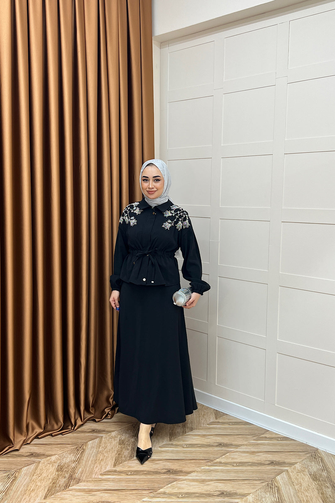 Laura Taş İşlemeli Etek Takım Siyah 02969-SIYAH